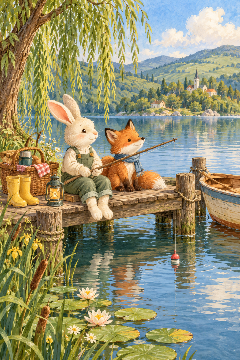 Clover the rabbit and Rowan the fox fishing beside a quiet lake