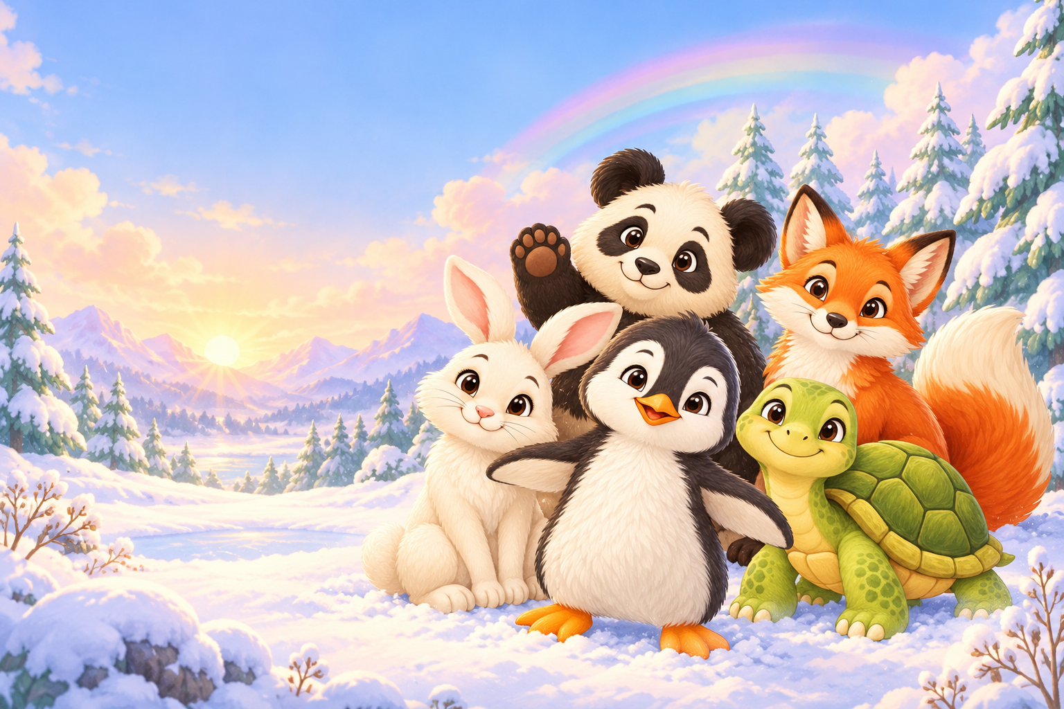 Five animal friends in a painted winter world